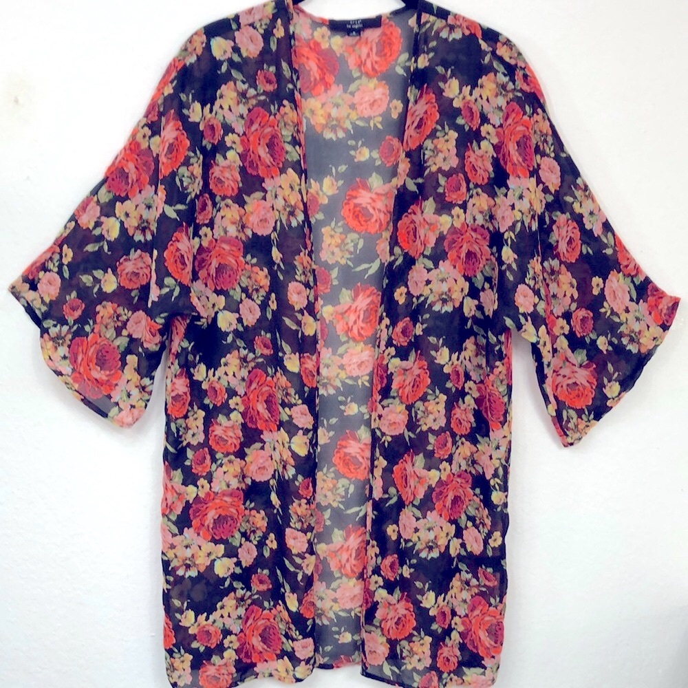 Flirty Feminine Black Floral Sheer Kimono coverup Top Iris Los Angeles